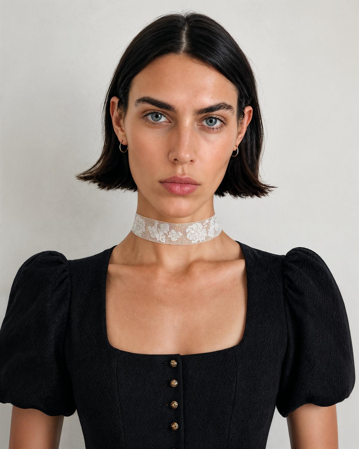 Kropfband aus Vintage-Spitze, getragen zu einem schwarzen Kleid
